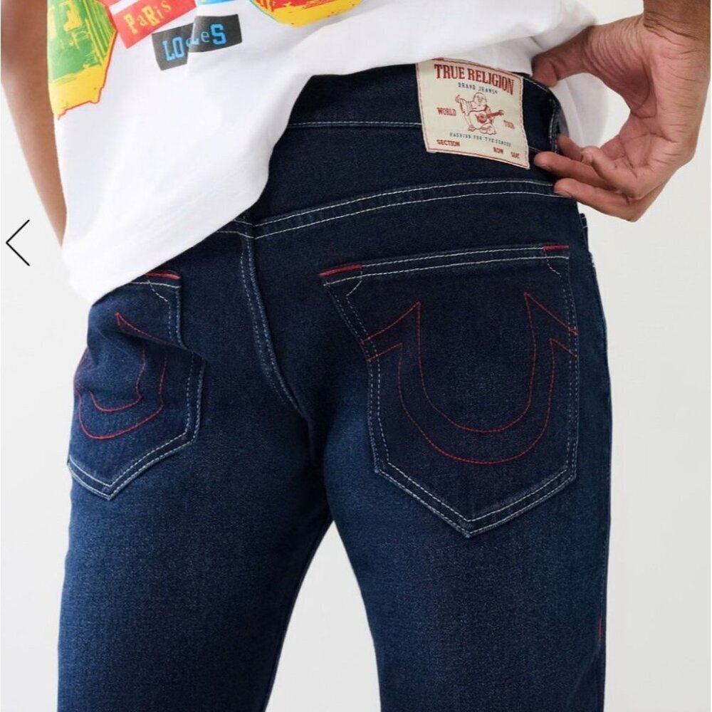 True Religion Jeans Mens 40x32 Stretch Denim Rocco Relaxed Skinny Dark Wash Zip